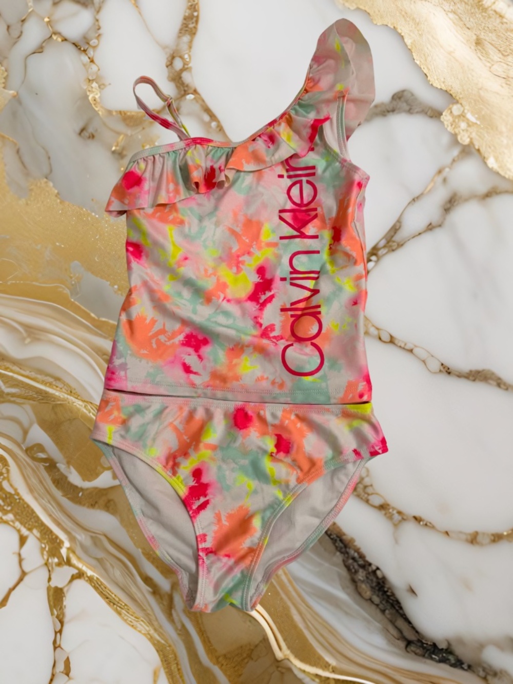 Girls Calvin Klein palm tree swimsuit with ruffle sleeve
